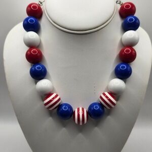 Patriotic Red White Blue Striped Bubble Bead Necklace USA Independence Day 4th
